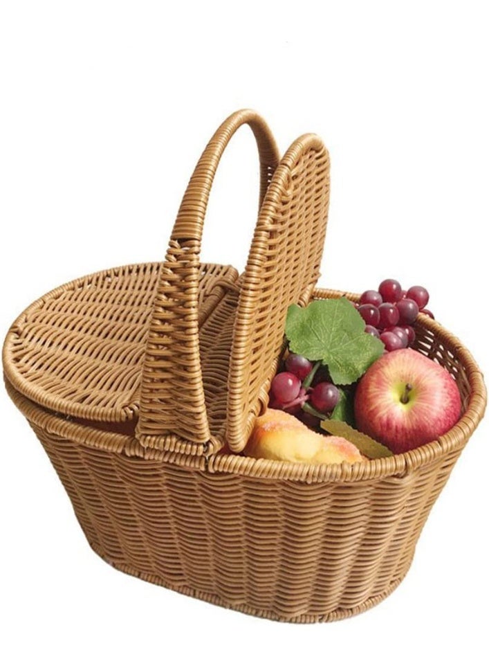 LINGWEI Handmade Rattan Picnic Basket with Lid & Handle Large Wicker Storage Basket for Picnic - Image 2
