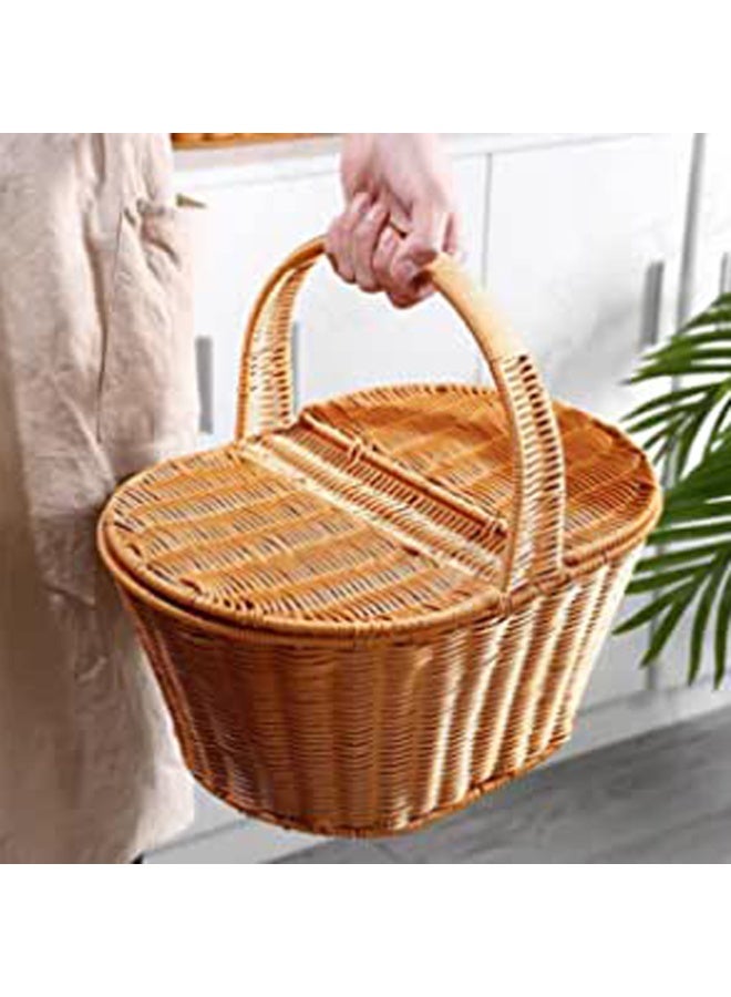 LINGWEI Handmade Rattan Picnic Basket with Lid & Handle Large Wicker Storage Basket for Picnic - Image 1