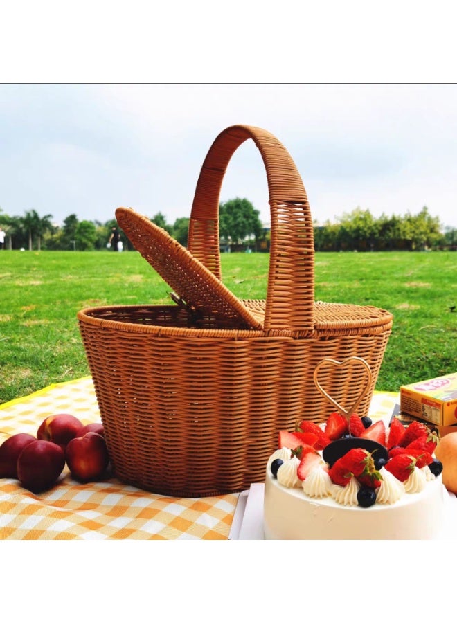 LINGWEI Handmade Rattan Picnic Basket with Lid & Handle Large Wicker Storage Basket for Picnic - Image 5