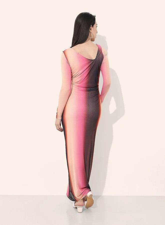 Freehand  Women Regular Fit Abstract Printed Asymmetric Neck Long Sleeve Cut Out Dress for Women | Best Price UAE