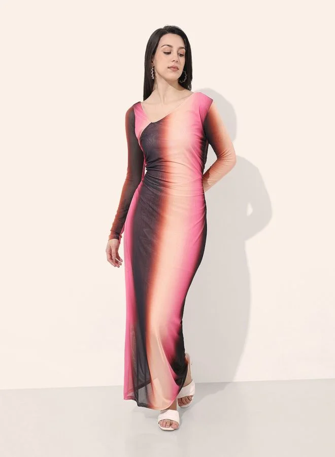 Freehand  Women Regular Fit Abstract Printed Asymmetric Neck Long Sleeve Cut Out Dress for Women | Best Price UAE