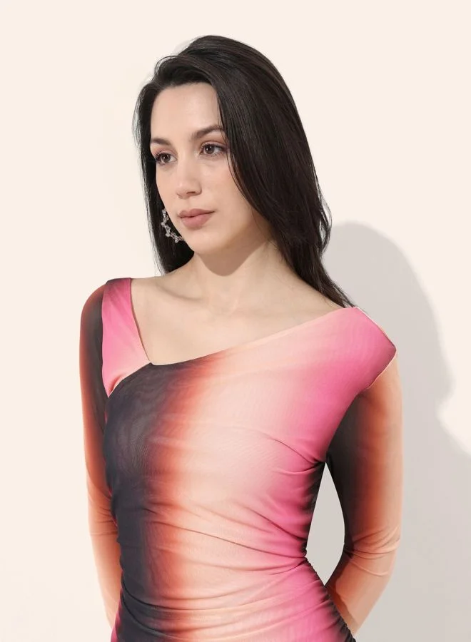 Freehand  Women Regular Fit Abstract Printed Asymmetric Neck Long Sleeve Cut Out Dress for Women | Best Price UAE