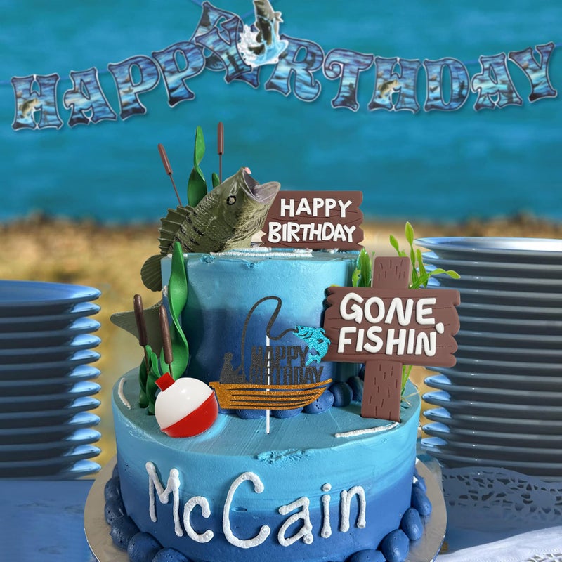Vidotim Gone Fishing Happy Birthday Cake Topper, 17Pcs Fisherman Themed Decoration for Retirement Party Supplies (Gone Fishing Cake Topper) - Image 5