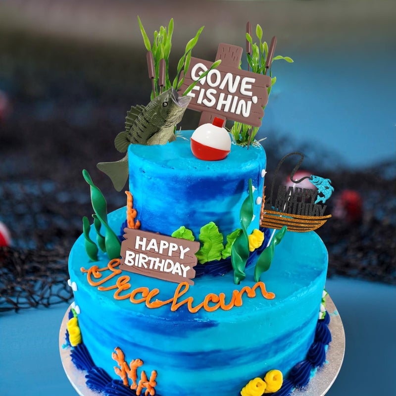 Vidotim Gone Fishing Happy Birthday Cake Topper, 17Pcs Fisherman Themed Decoration for Retirement Party Supplies (Gone Fishing Cake Topper) - Image 4