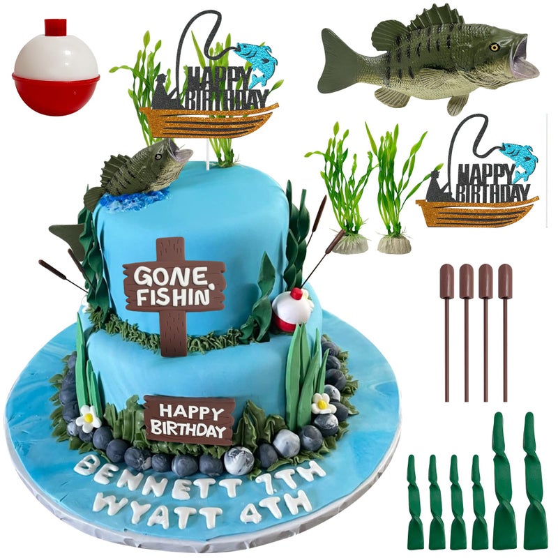 Vidotim Gone Fishing Happy Birthday Cake Topper, 17Pcs Fisherman Themed Decoration for Retirement Party Supplies (Gone Fishing Cake Topper) - Image 1