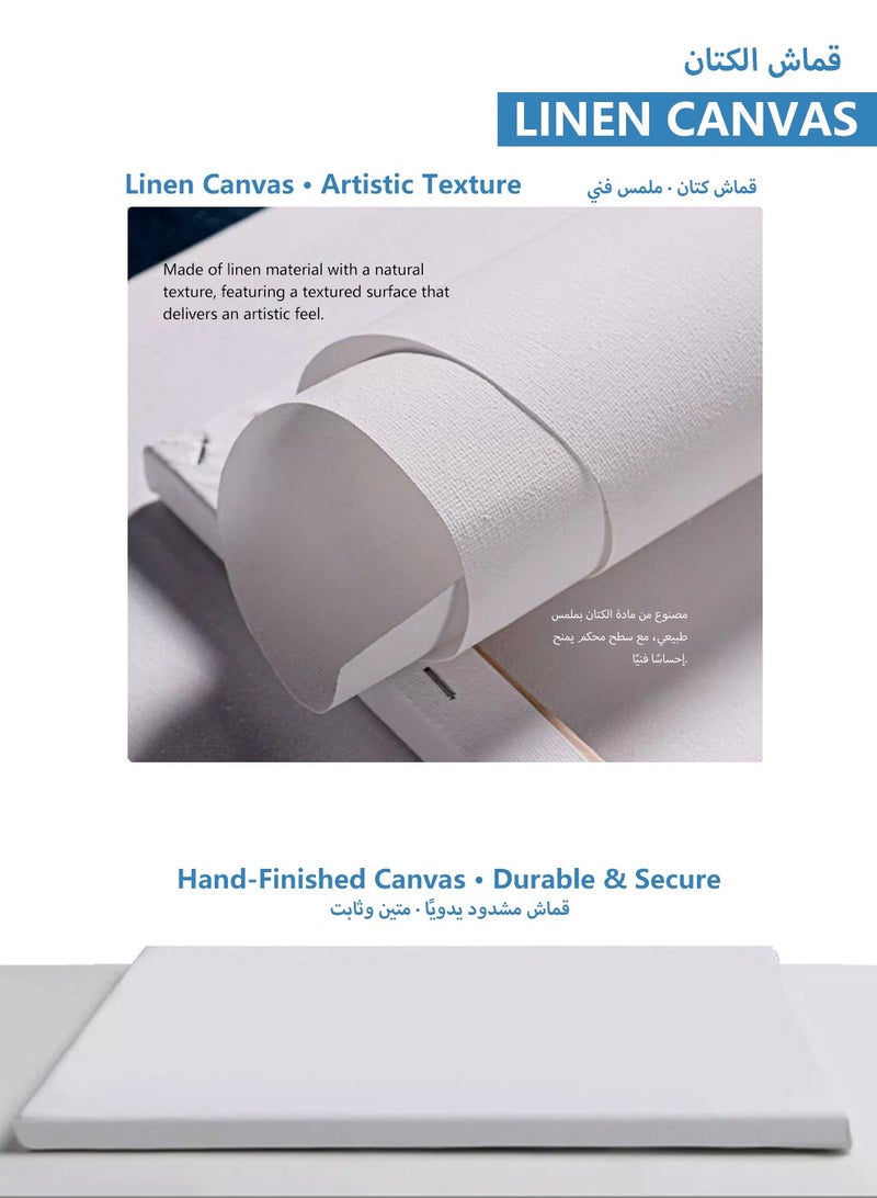 مجموعة لوحات كانفاس مشدودة للرسم – عبوة من 4 قطع (40×30 سم و30×20 سم) مع إطارات خشبية، 10 فرش رسم ولوحة ألوان للأكريليك والزيت والألوان المائية - Image 5