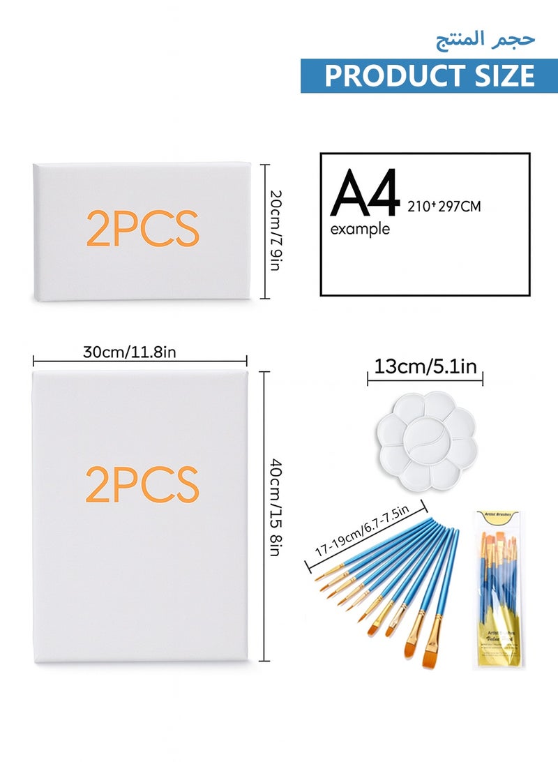 مجموعة لوحات كانفاس مشدودة للرسم – عبوة من 4 قطع (40×30 سم و30×20 سم) مع إطارات خشبية، 10 فرش رسم ولوحة ألوان للأكريليك والزيت والألوان المائية - Image 4