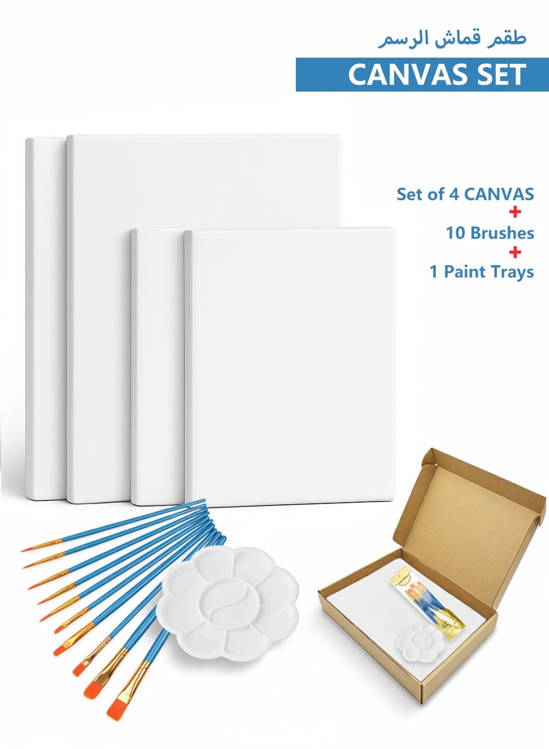 مجموعة لوحات كانفاس مشدودة للرسم – عبوة من 4 قطع (40×30 سم و30×20 سم) مع إطارات خشبية، 10 فرش رسم ولوحة ألوان للأكريليك والزيت والألوان المائية - Image 1