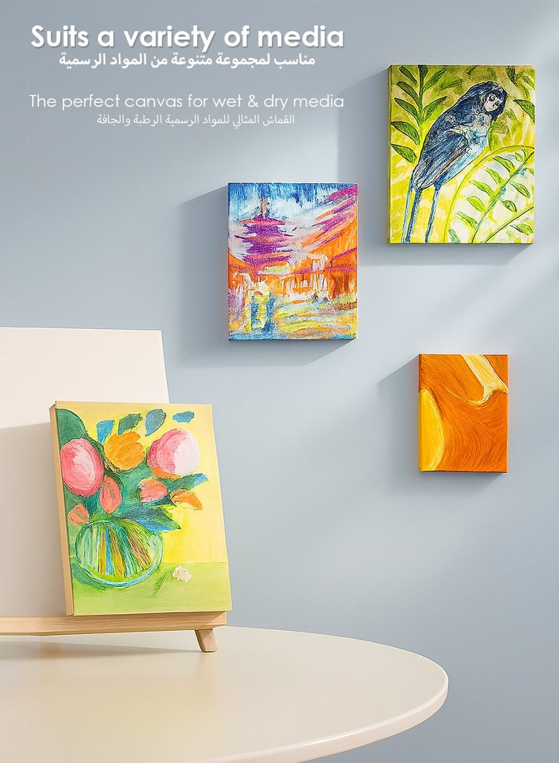 مجموعة لوحات كانفاس مشدودة للرسم – عبوة من 4 قطع (40×30 سم و30×20 سم) مع إطارات خشبية، 10 فرش رسم ولوحة ألوان للأكريليك والزيت والألوان المائية - Image 2