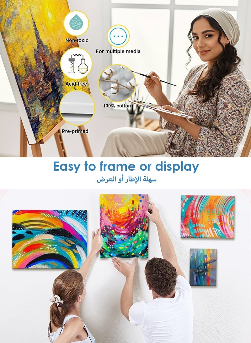 مجموعة لوحات كانفاس مشدودة للرسم – عبوة من 4 قطع (40×30 سم و30×20 سم) مع إطارات خشبية، 10 فرش رسم ولوحة ألوان للأكريليك والزيت والألوان المائية - Image 3