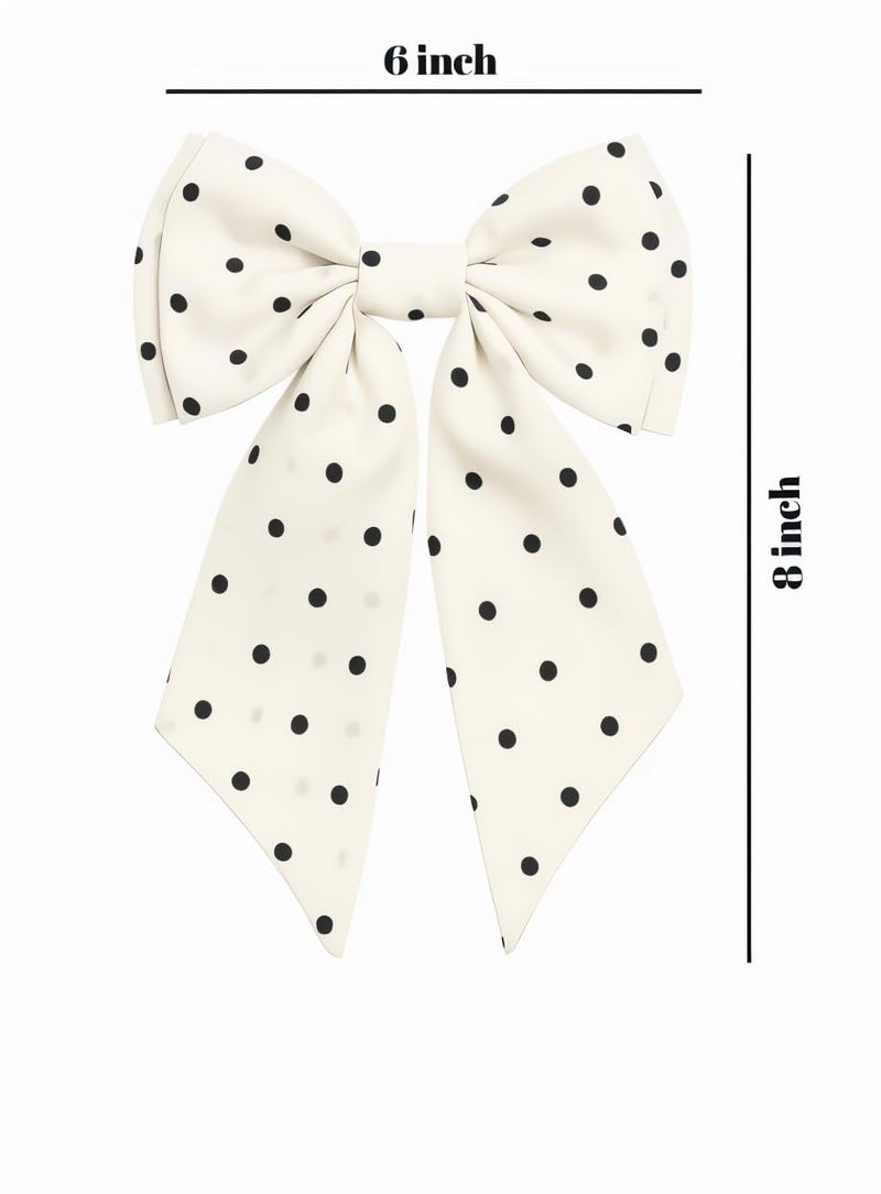 NNR Polka Dot Bow Hair Clip for Women & Girls | Big Ribbon Hair Bow Accessory | Stylish Hairpin for Wedding, School | Cute Fashion Hair Bow with Black Dots | Trendy Hair Accessory (White/Black) - Image 4