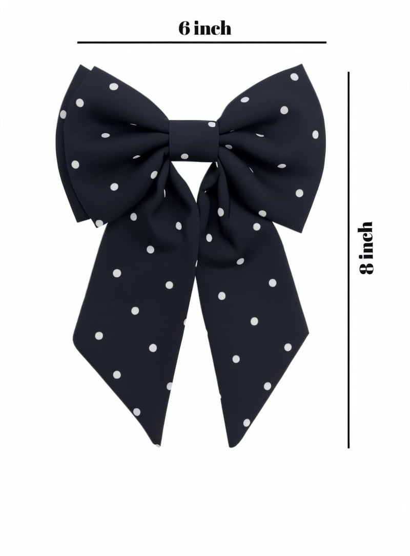 NNR Polka Dot Bow Hair Clip for Women & Girls | Big Ribbon Hair Bow Accessory | Stylish Hairpin for Wedding, School | Cute Fashion Hair Bow with Black Dots | Trendy Hair Accessory (White/Black) - Image 5