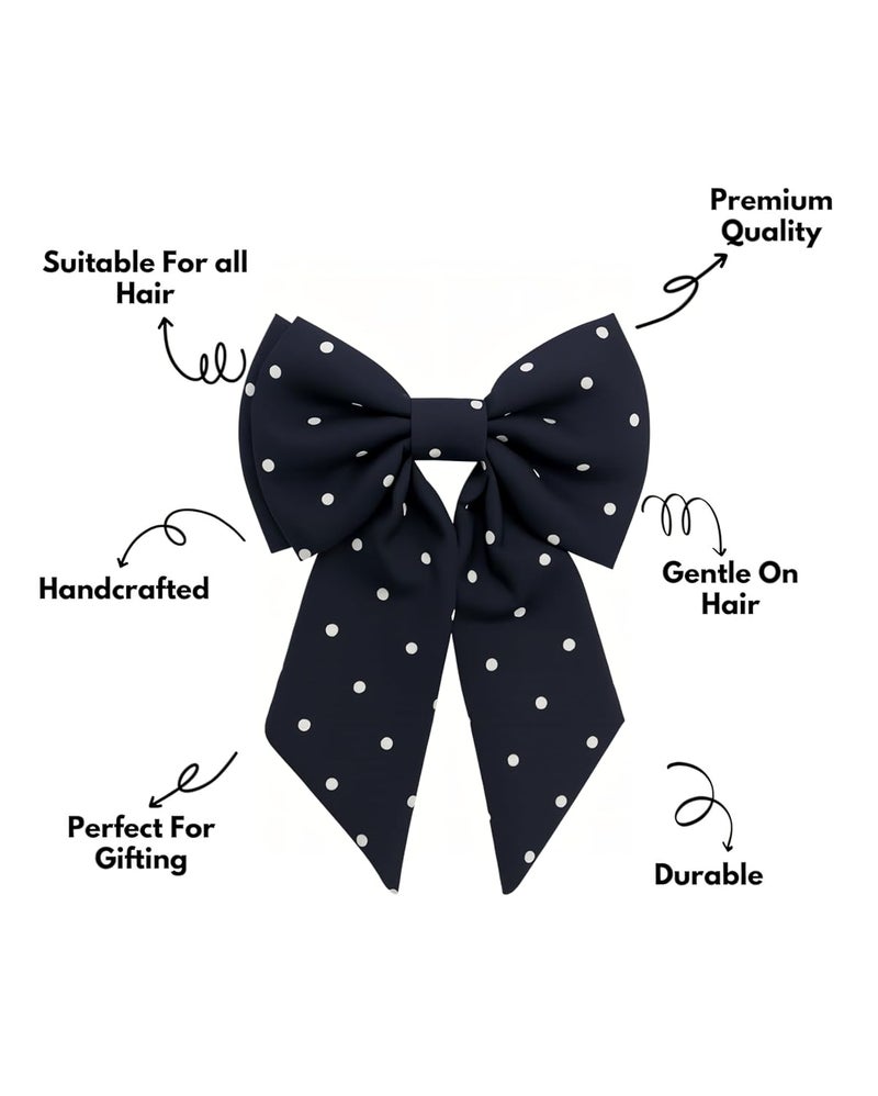 NNR Polka Dot Bow Hair Clip for Women & Girls | Big Ribbon Hair Bow Accessory | Stylish Hairpin for Wedding, School | Cute Fashion Hair Bow with Black Dots | Trendy Hair Accessory (White/Black) - Image 3