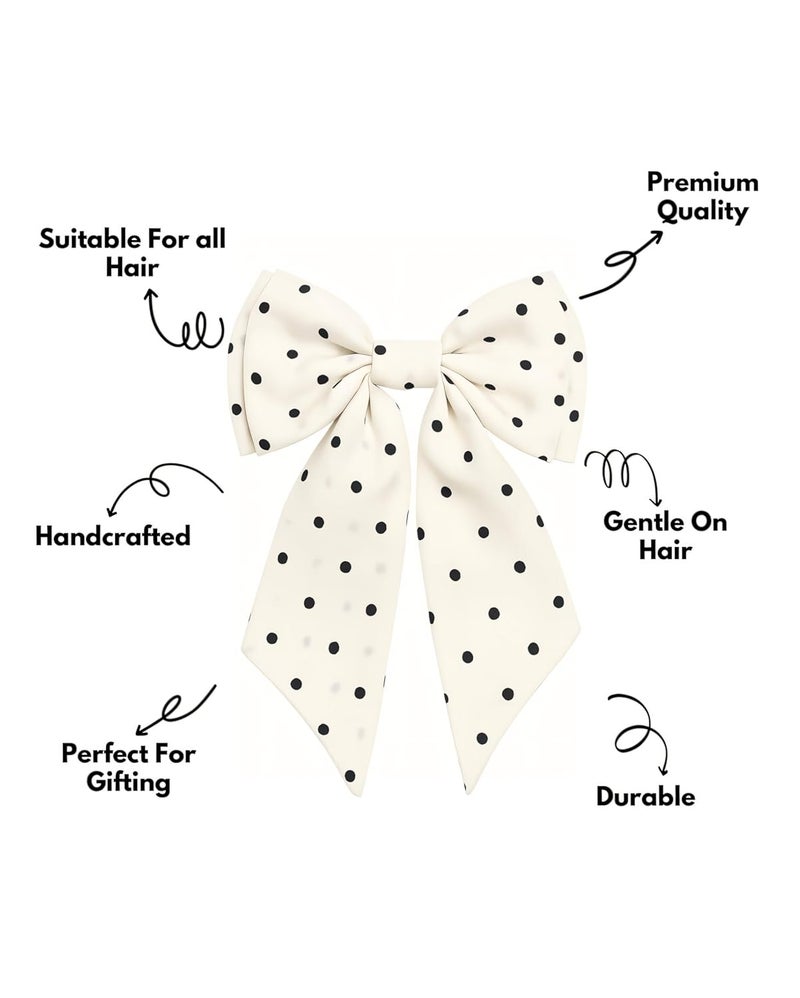NNR Polka Dot Bow Hair Clip for Women & Girls | Big Ribbon Hair Bow Accessory | Stylish Hairpin for Wedding, School | Cute Fashion Hair Bow with Black Dots | Trendy Hair Accessory (White/Black) - Image 2