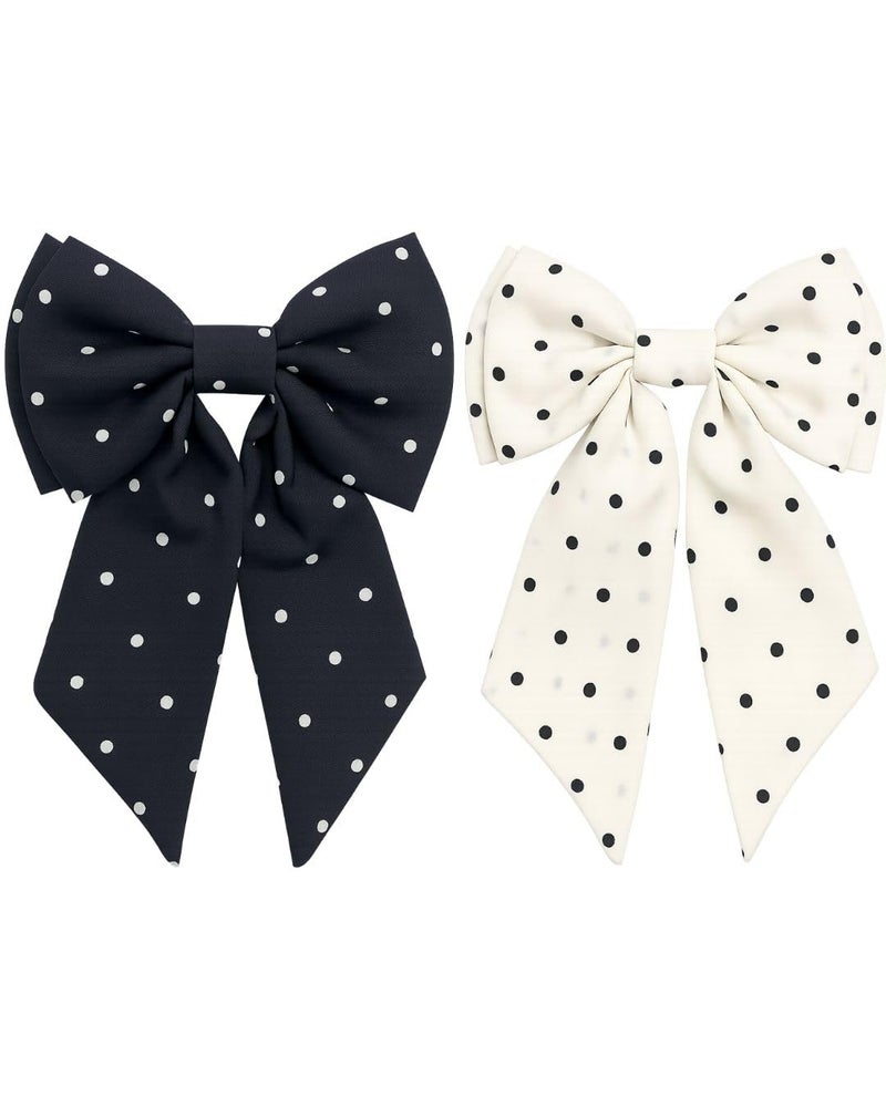 NNR Polka Dot Bow Hair Clip for Women & Girls | Big Ribbon Hair Bow Accessory | Stylish Hairpin for Wedding, School | Cute Fashion Hair Bow with Black Dots | Trendy Hair Accessory (White/Black) - Image 1