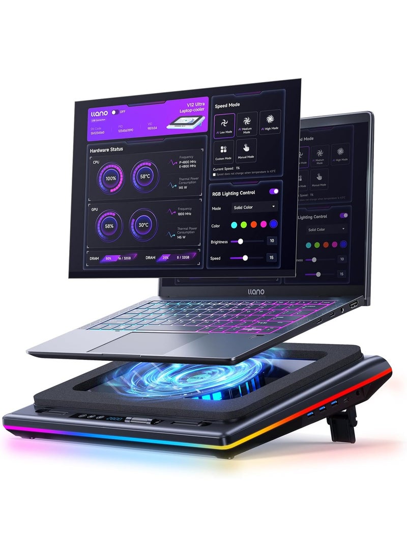 Llano V12 Ultra AI Laptop Cooling Pad for 15.6–21 Inch Gaming Laptops, 2800RPM Turbo Fan Cooler with Smart Temperature Control, RGB Lights, LED Display & USB Hub