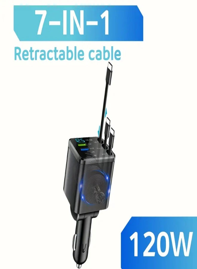 AROAQ 7-in-1 Car Charger 120W Fast Charging with PD & LED Display – 4 USB Ports, 180° Adjustable Built-in Type-C/iOS Cable, Retractable 70–80cm Cables, Real-Time Voltage Monitor – Compatible with iPhone, Android, Samsung, Pixel, Tablets - Image 1