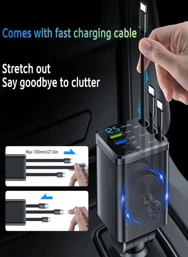 AROAQ 7-in-1 Car Charger 120W Fast Charging with PD & LED Display – 4 USB Ports, 180° Adjustable Built-in Type-C/iOS Cable, Retractable 70–80cm Cables, Real-Time Voltage Monitor – Compatible with iPhone, Android, Samsung, Pixel, Tablets - Image 3