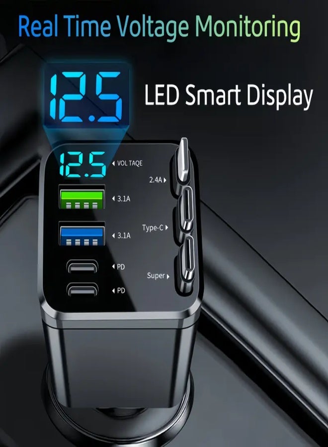 AROAQ 7-in-1 Car Charger 120W Fast Charging with PD & LED Display – 4 USB Ports, 180° Adjustable Built-in Type-C/iOS Cable, Retractable 70–80cm Cables, Real-Time Voltage Monitor – Compatible with iPhone, Android, Samsung, Pixel, Tablets - Image 2