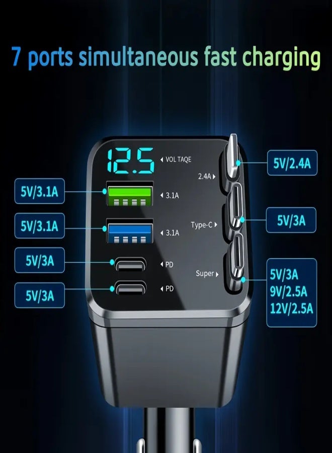 AROAQ 7-in-1 Car Charger 120W Fast Charging with PD & LED Display – 4 USB Ports, 180° Adjustable Built-in Type-C/iOS Cable, Retractable 70–80cm Cables, Real-Time Voltage Monitor – Compatible with iPhone, Android, Samsung, Pixel, Tablets - Image 5