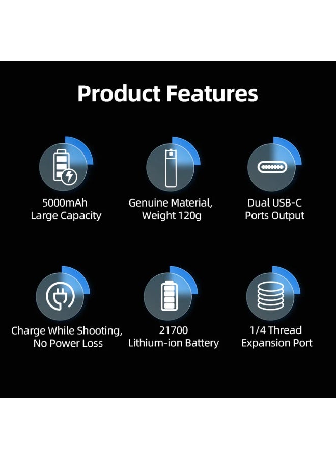 LKTOP مقبض بطارية Pocket 3 مع حامل ثلاثي القوائم، شحن سريع 22.5 واط، بطارية مدمجة بسعة 5000 مللي أمبير، خيط 1/4" محجوز - Image 3