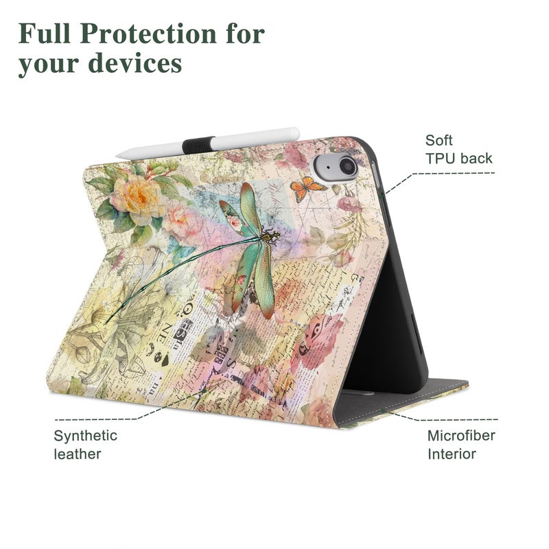 Vimorco Case for iPad (A16) 11th Generation 2025, for iPad 11th/10th Generation Case, Pencil Holder with Hand Strap & Pocket, Multi-Angle Viewing PU Leather Cover, Auto Wake/Sleep, Dragonfly Flower - Image 4