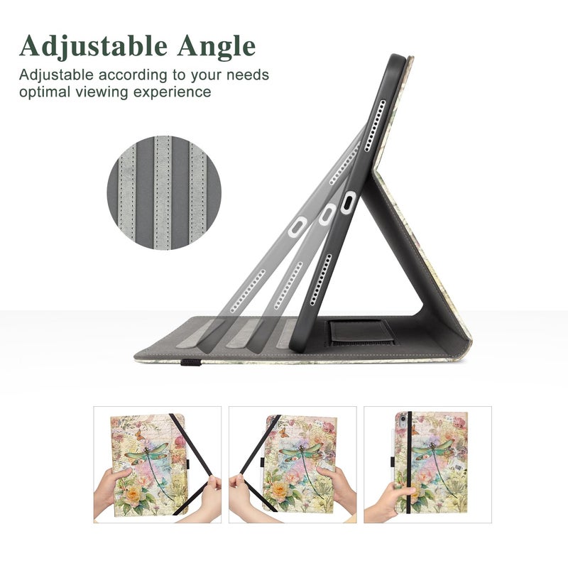 Vimorco Case for iPad (A16) 11th Generation 2025, for iPad 11th/10th Generation Case, Pencil Holder with Hand Strap & Pocket, Multi-Angle Viewing PU Leather Cover, Auto Wake/Sleep, Dragonfly Flower - Image 3