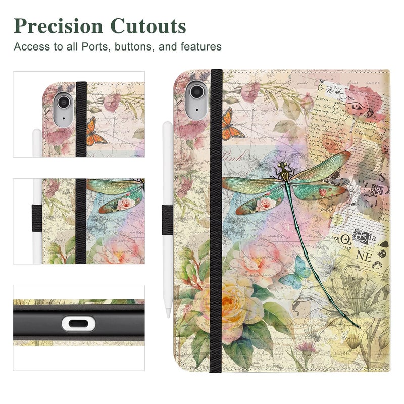 Vimorco Case for iPad (A16) 11th Generation 2025, for iPad 11th/10th Generation Case, Pencil Holder with Hand Strap & Pocket, Multi-Angle Viewing PU Leather Cover, Auto Wake/Sleep, Dragonfly Flower - Image 5