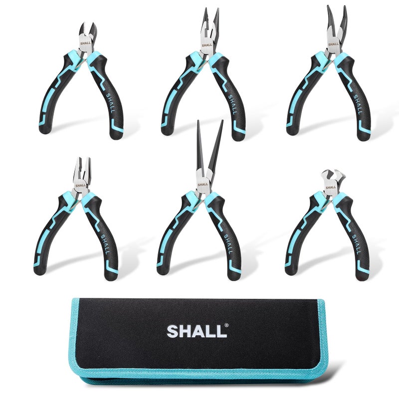 SHALL Mini Pliers Set, 6-Piece Small Pliers Tool Set Includes Needle Nose, Long Nose, Bent Nose, Diagonal, End Cutting and Linesman for Making Crafts, Electronic Repairing & Jewelry with Pouch - Image 1