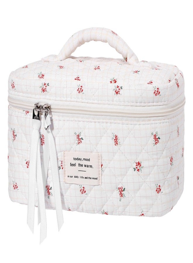 حقيبة مكياج كبيرة مبطنة من سينبو، حقيبة مستحضرات تجميل قطنية مزينة بالزهور للنساء، حقيبة مكياج أنيقة وجذابة، حقيبة تنظيم مكياج للسفر مزودة بسحاب وشريط - Image 1