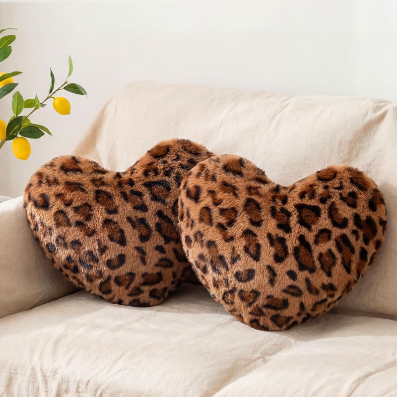Fiwochic 2 Pack Leopard Heart Shaped Pillow Small Cheetah Print Love Pillows 13 x 10 Inch Faux Rabbit Fur Pillows Leopard Throw Heart Pillow for Wedding Anniversary Vintage Room Decorative - Image 2
