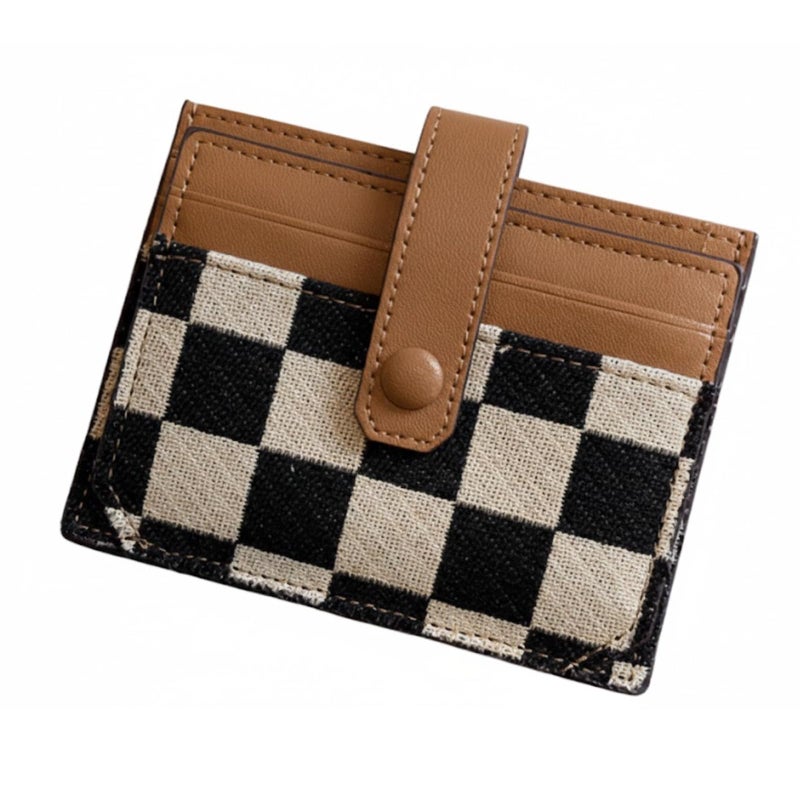 TURBOOST Cute Slim Card Holder Canvas Front Pocket Checkered Wallet, Small Credit Card Case for Women (Brown) - Image 1