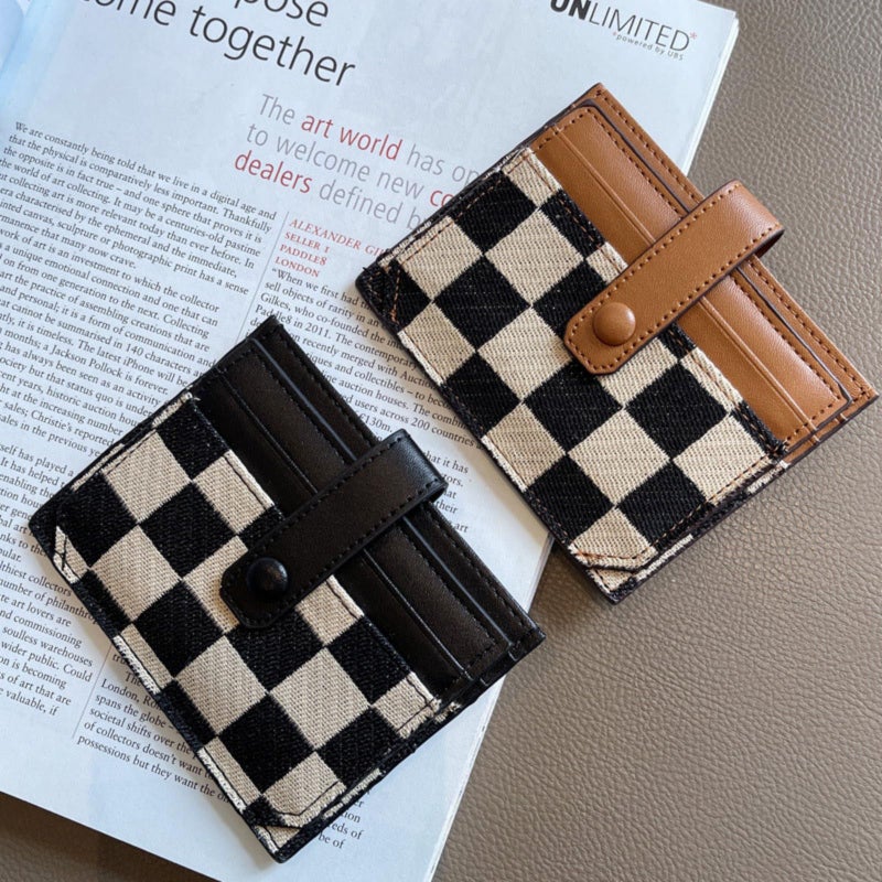 TURBOOST Cute Slim Card Holder Canvas Front Pocket Checkered Wallet, Small Credit Card Case for Women (Brown) - Image 3