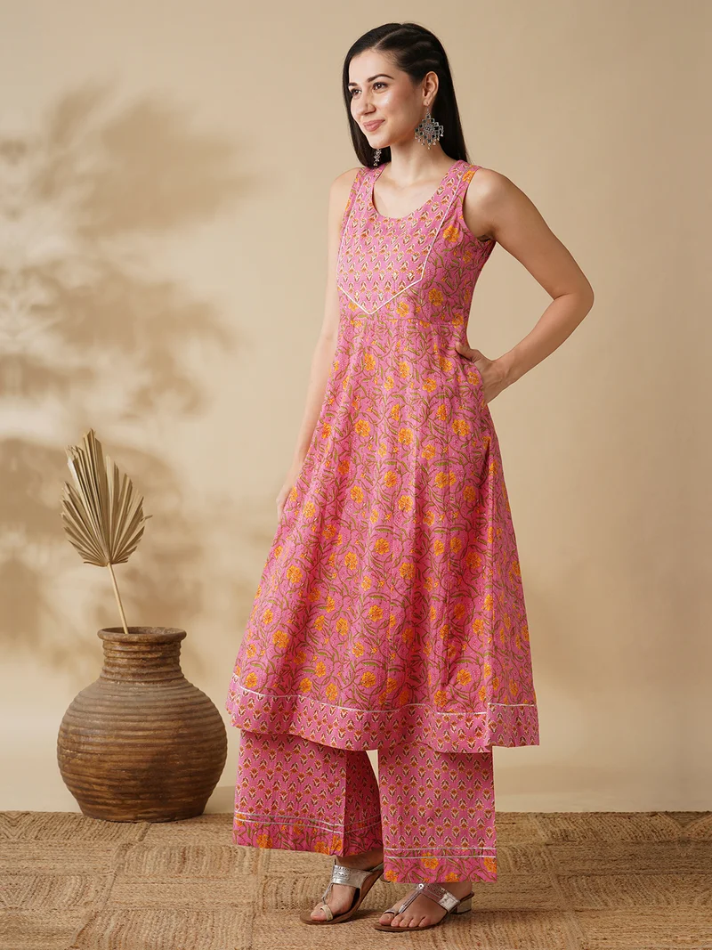 globus Women Pink & Yellow Floral Printed Mirror Work Pure Cotton A Line Kurta With Palazzos