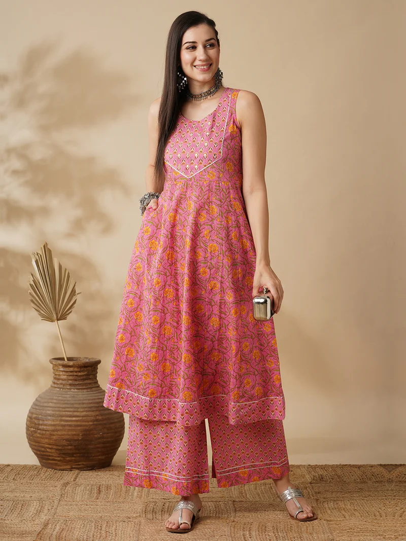 globus Women Pink & Yellow Floral Printed Mirror Work Pure Cotton A Line Kurta With Palazzos