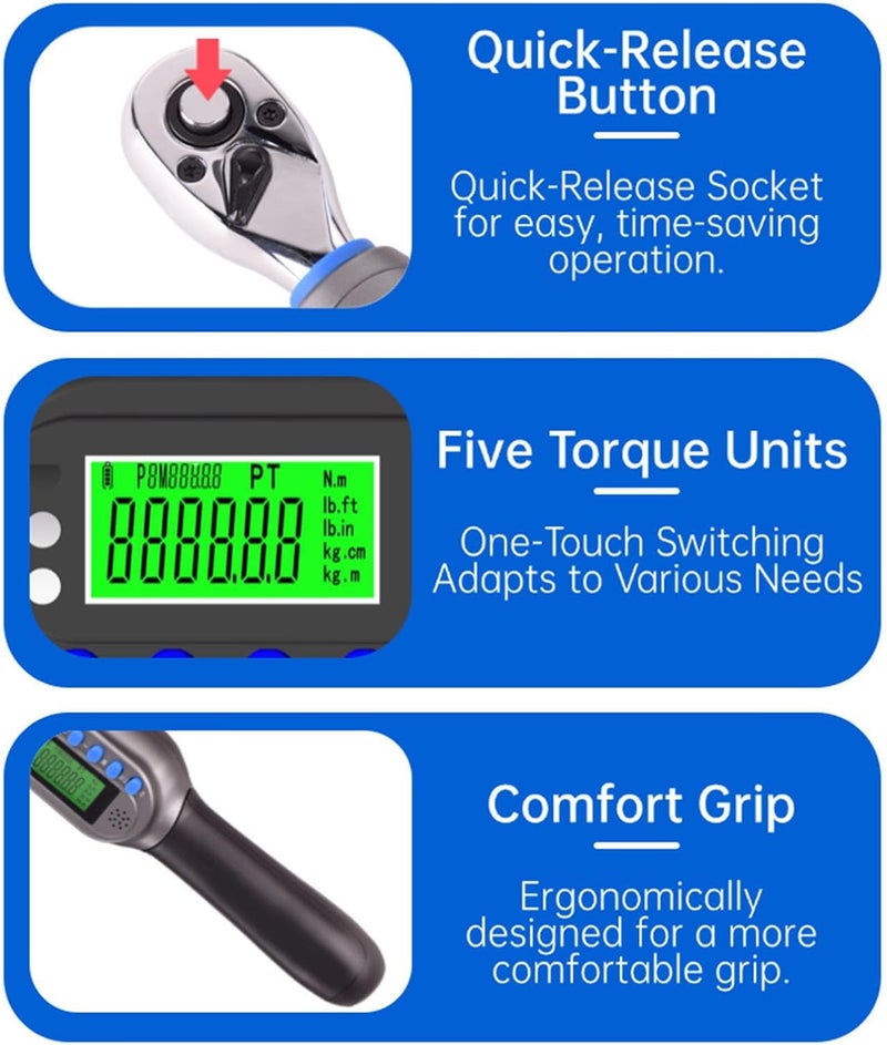 Dpofirs Torque Wrench Digital 1/2in 5-100N.m | Electric with Sound Light Reminder and Data Storage - Image 1