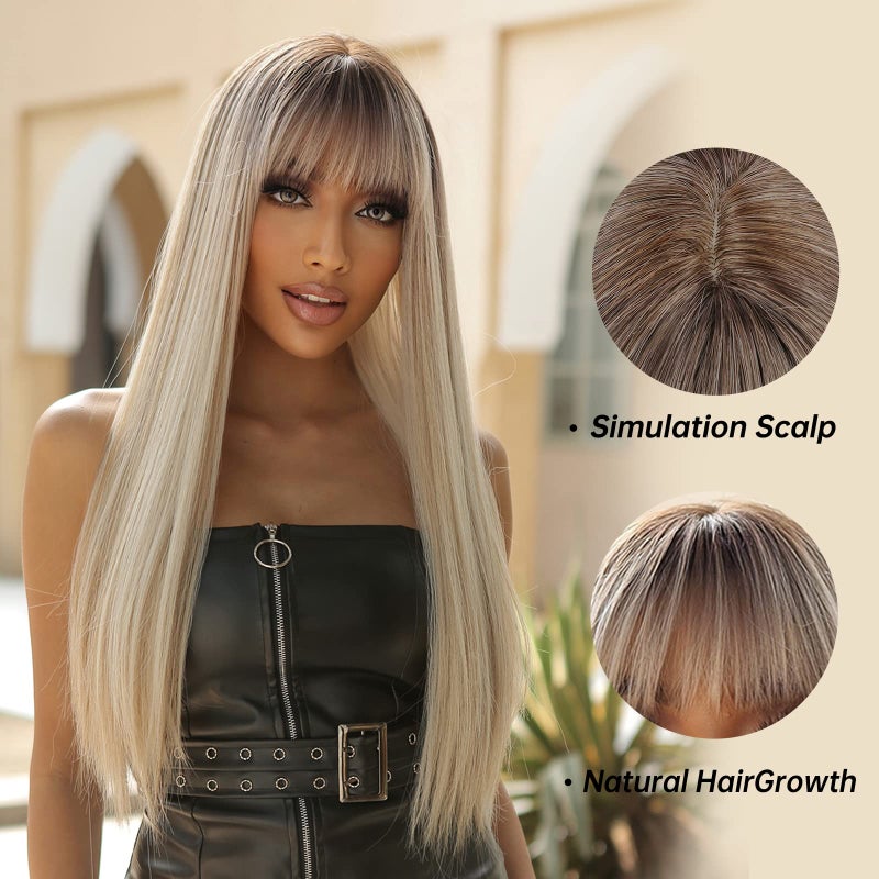 Allbell Long Straight Blonde Wigs with Bangs Ombre Hair Syntehtic Wigs for Women Heat Resistant Fiber - Image 2