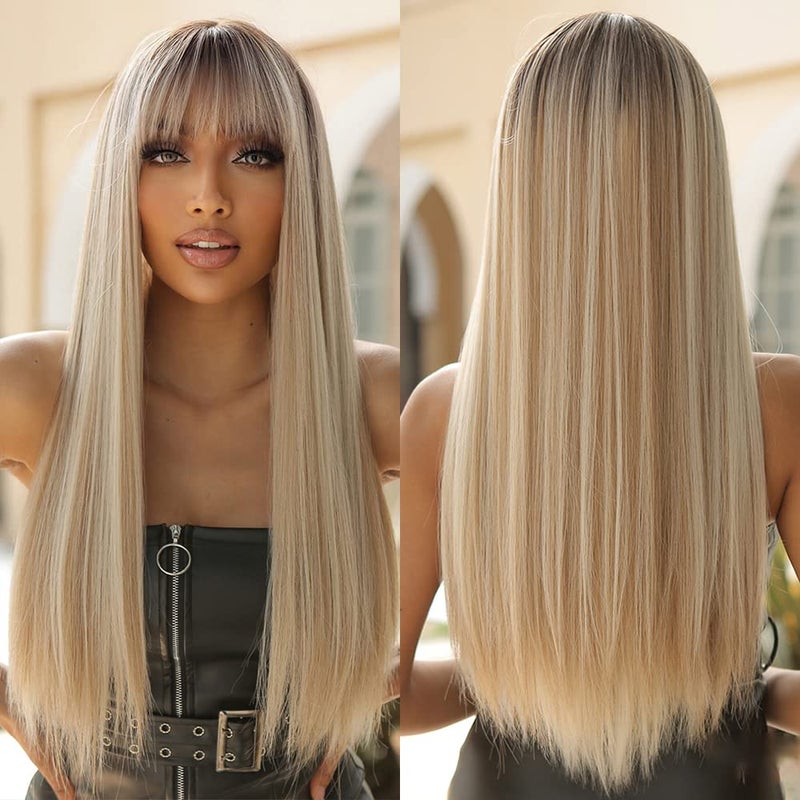 Allbell Long Straight Blonde Wigs with Bangs Ombre Hair Syntehtic Wigs for Women Heat Resistant Fiber - Image 1