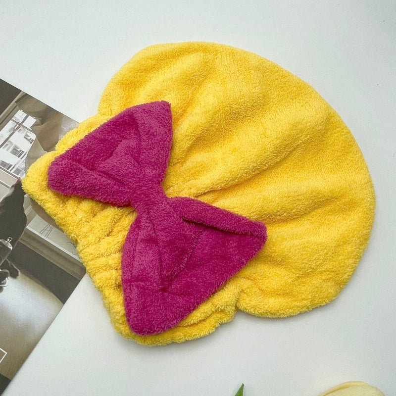 Generic Cute bow princess cap wholesale womens quick-drying absorbent bath dry hair towel coral fleece single-layer shower cap dry hair cap Yellow hat 