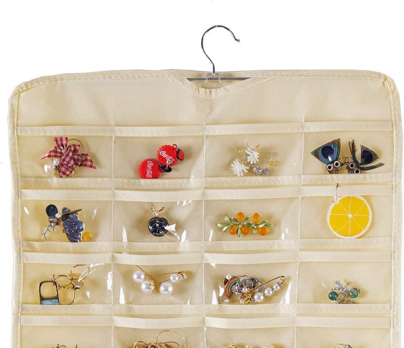 Blendmix Hanging Non-Woven Double Sided 48 Pockets in Front and Back Jewellery Organizer clear-vinyl pockets help protect jewelry (Beige) - Image 3