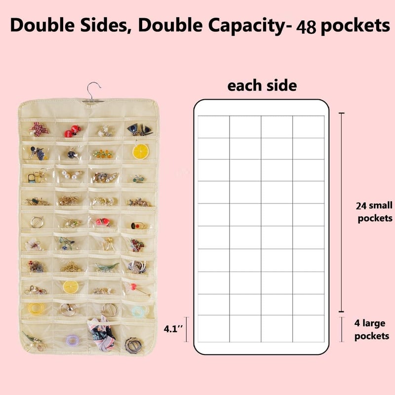Blendmix Hanging Non-Woven Double Sided 48 Pockets in Front and Back Jewellery Organizer clear-vinyl pockets help protect jewelry (Beige) - Image 2