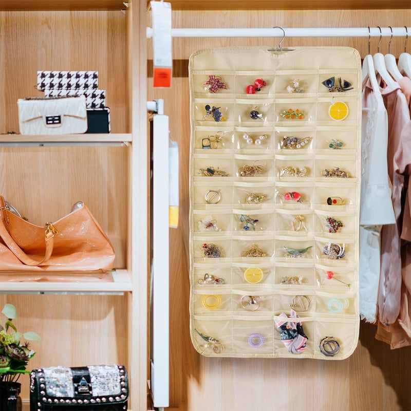 Blendmix Hanging Non-Woven Double Sided 48 Pockets in Front and Back Jewellery Organizer clear-vinyl pockets help protect jewelry (Beige) - Image 5