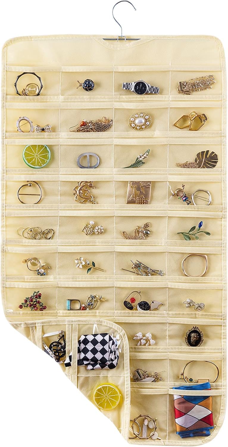 Blendmix Hanging Non-Woven Double Sided 48 Pockets in Front and Back Jewellery Organizer clear-vinyl pockets help protect jewelry (Beige) - Image 1