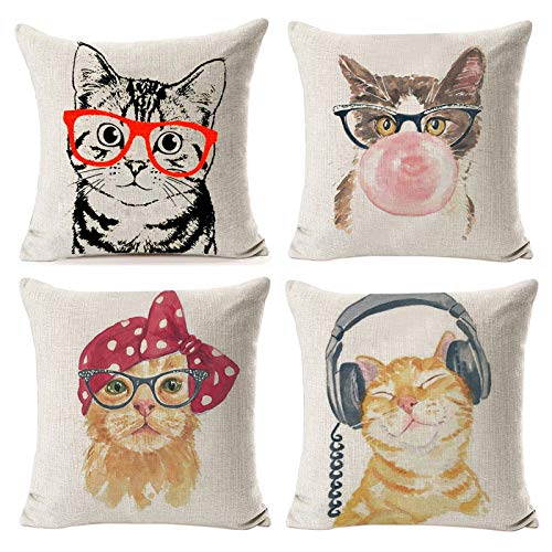NYDECOR Throw Pillow Covers Cat Pillow Cases Animal Kitty Pillowcase Cotton Linen Cushion Cover for Couch Bed Sofa Patio Car,18" x 18",Set of 4 - Image 1