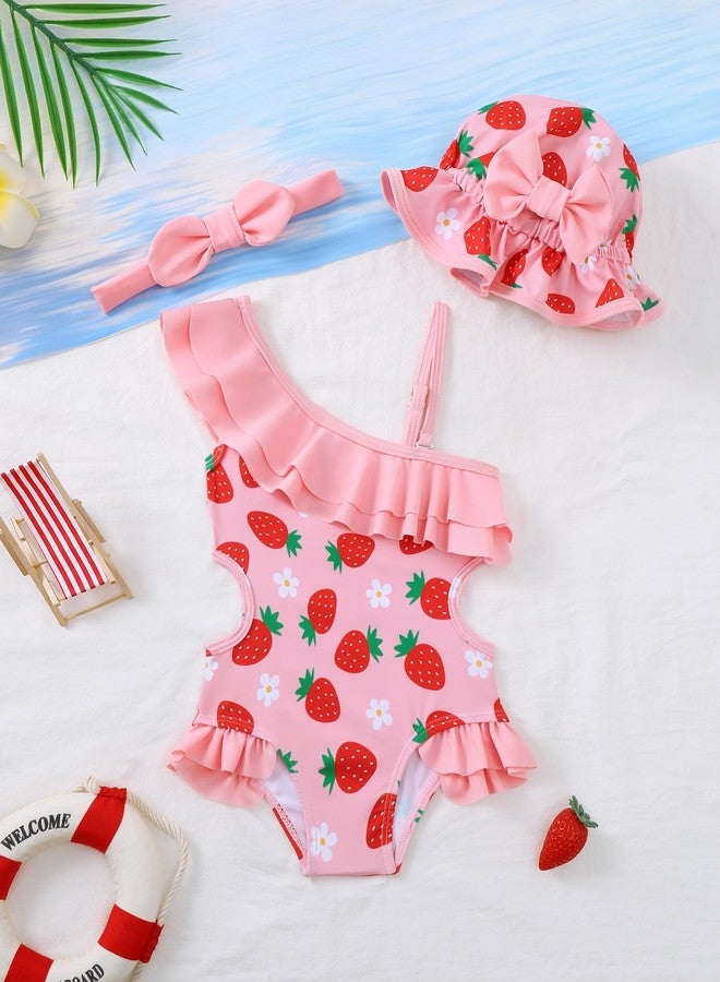 Renotemy Toddler Girls Bathing Suit 18 Month Swimsuit Girl Baby Cute Strawberry One-Piece Swimsuit Girls Pink Bikini Rash Guard Swimwear Baby Beach Essentials 18-24 Month Girl Ruffles Shoulder Outfit - Image 2