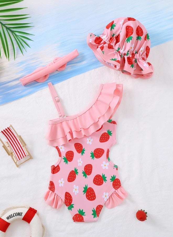 Renotemy Toddler Girls Bathing Suit 18 Month Swimsuit Girl Baby Cute Strawberry One-Piece Swimsuit Girls Pink Bikini Rash Guard Swimwear Baby Beach Essentials 18-24 Month Girl Ruffles Shoulder Outfit - Image 3