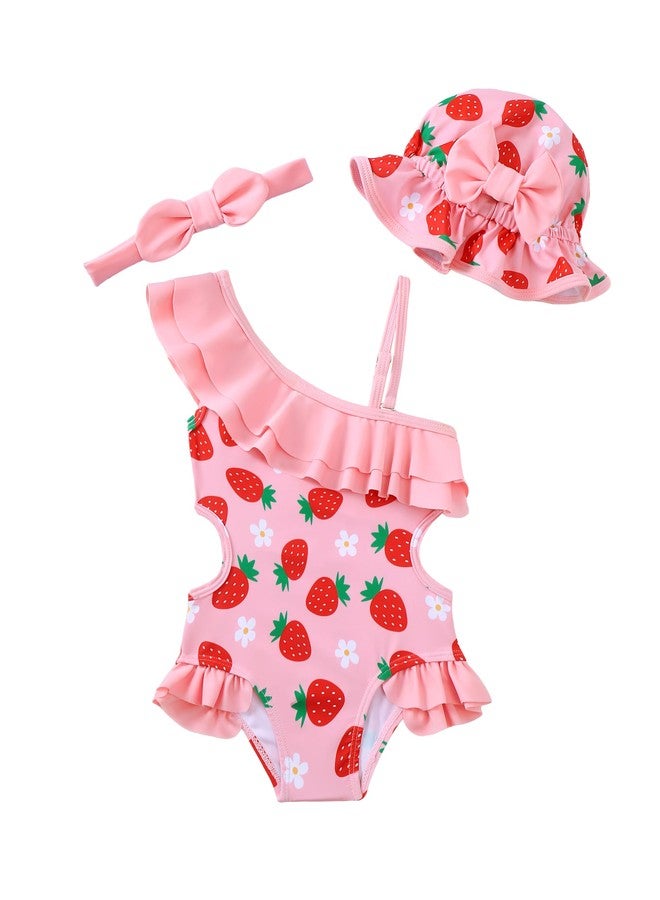 Renotemy Toddler Girls Bathing Suit 18 Month Swimsuit Girl Baby Cute Strawberry One-Piece Swimsuit Girls Pink Bikini Rash Guard Swimwear Baby Beach Essentials 18-24 Month Girl Ruffles Shoulder Outfit - Image 1