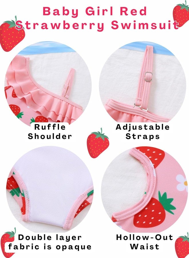 Renotemy Toddler Girls Bathing Suit 18 Month Swimsuit Girl Baby Cute Strawberry One-Piece Swimsuit Girls Pink Bikini Rash Guard Swimwear Baby Beach Essentials 18-24 Month Girl Ruffles Shoulder Outfit - Image 4