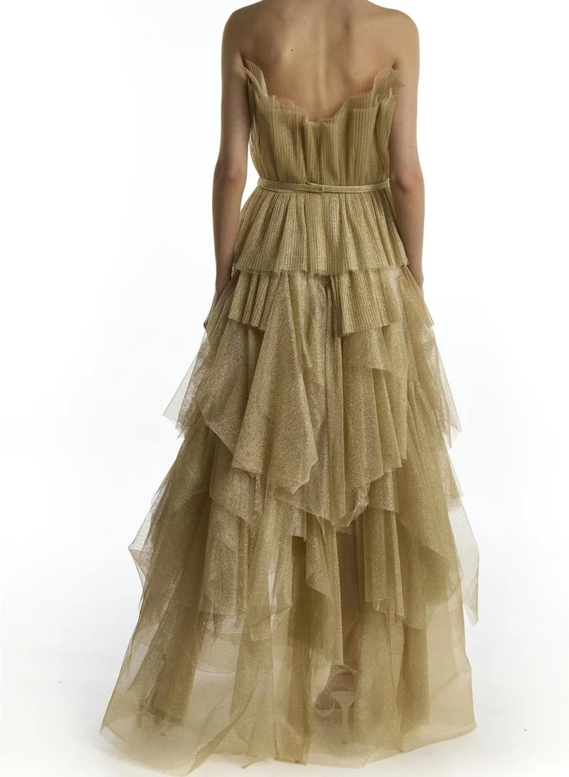 ترو ديكادينس Gold Glitter Tiered Strapless Organza Cocktail Dress