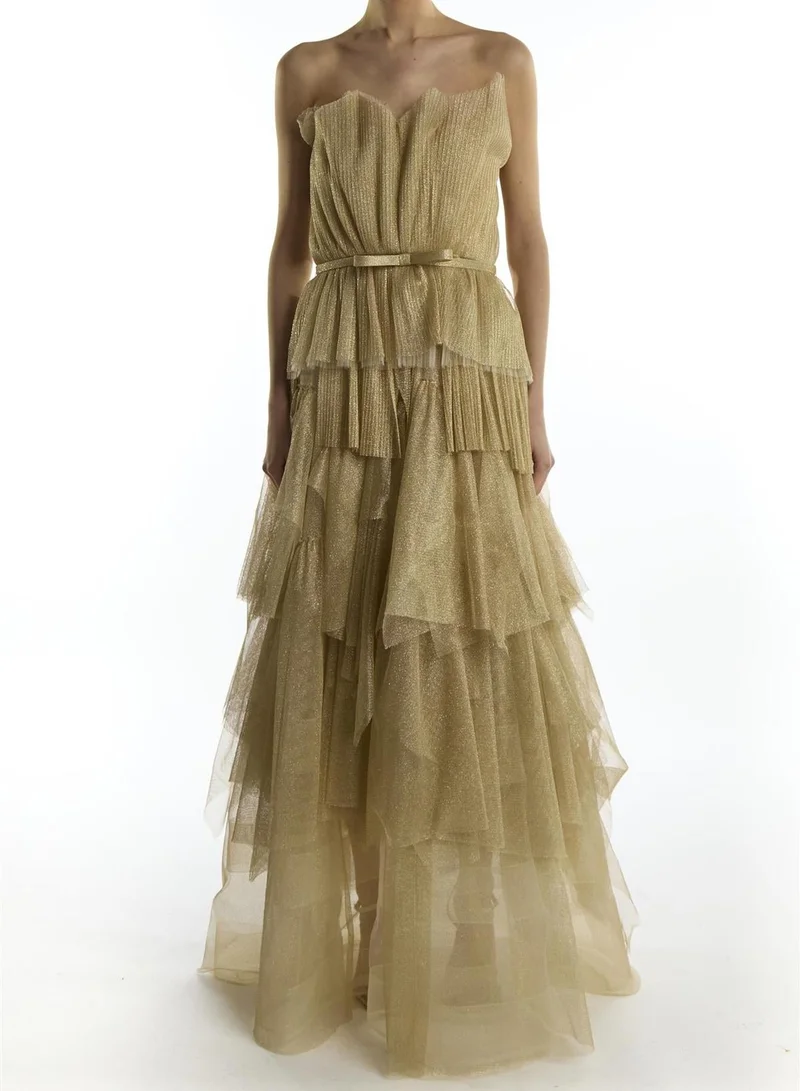 ترو ديكادينس Gold Glitter Tiered Strapless Organza Cocktail Dress